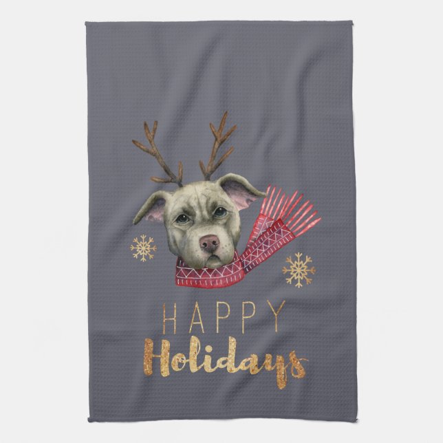 Cute Reindeer Pit Bull Terrier Dog Christmas Tea Towel (Vertical)