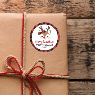 Cute Reindeer Plaid Bow Red Merry Christmas Classic Round Sticker