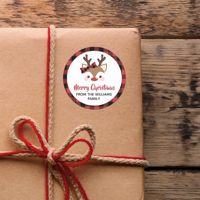Cute Reindeer Plaid Bow Red Merry Christmas Classic Round Sticker (Creator Uploaded)