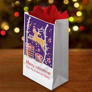 Cute reindeer prancing over christmas gifts bag