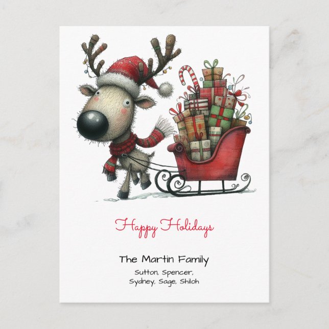 Cute Reindeer Pulling a Sleigh Happy Holidays Postcard (Front)