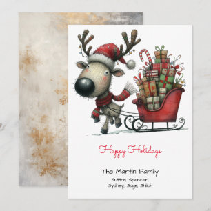 Cute Reindeer Pulling a Sleigh of Gifts Happy  Holiday Card