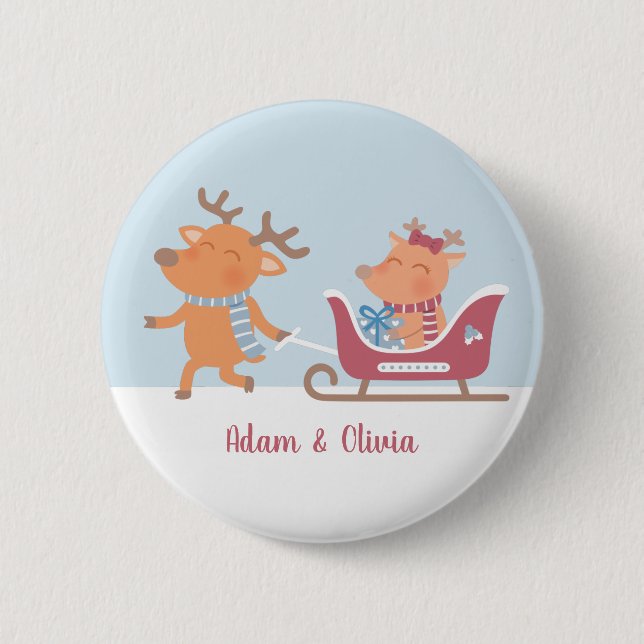 Cute Reindeer Pulls Sleigh Christmas Button (Front)