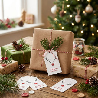 Cute Reindeer Red Button Nose Christmas Favour Gif Gift Tags