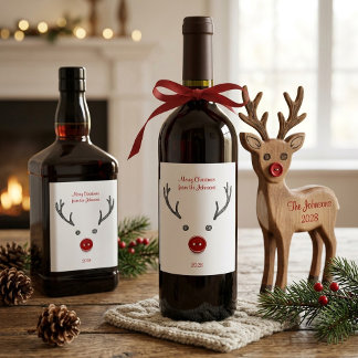 Cute Reindeer Red Button Nose Christmas Wine  Label