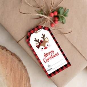 Cute Reindeer Red Plaid Merry Christmas To From Gift Tags