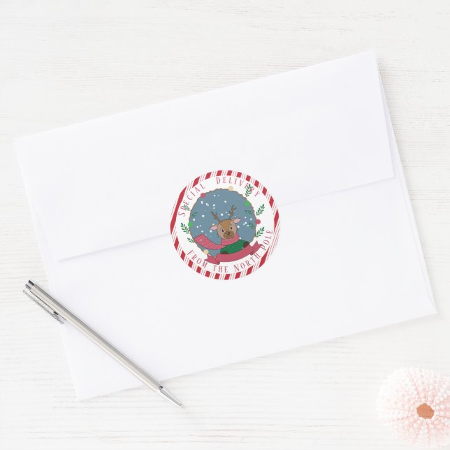 Cute Reindeer Red Scarf Special Delivery Stickers (Envelope)