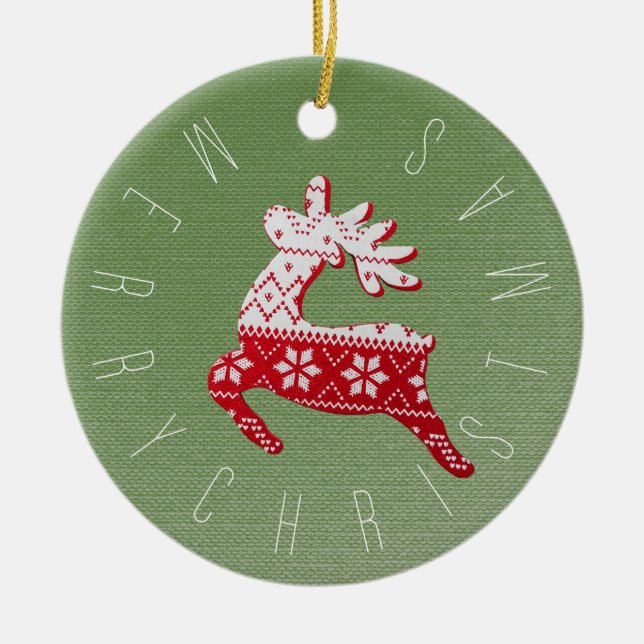 Cute Reindeer Red/White/Green Christmas Ceramic Tree Decoration (Front)
