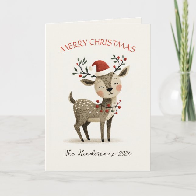 Cute Reindeer Retro Christmas Card (Front)