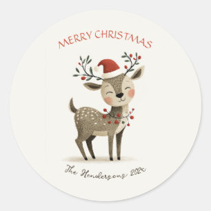 Cute Reindeer Retro Christmas Classic Round Sticker