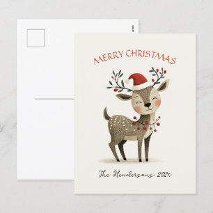 Cute Reindeer Retro Christmas Postcard