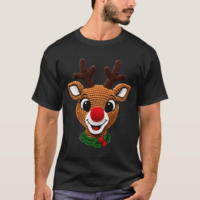 Cute Reindeer Rudolph Crochet Xmas Pajamas Holiday T-Shirt (Front)