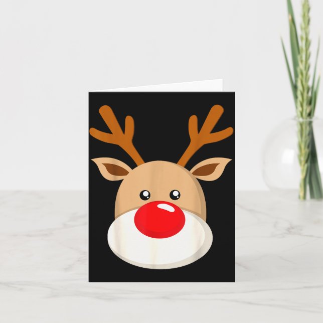 Cute Reindeer Rudolph Red Nose Christmas Antlers  Card (Front)