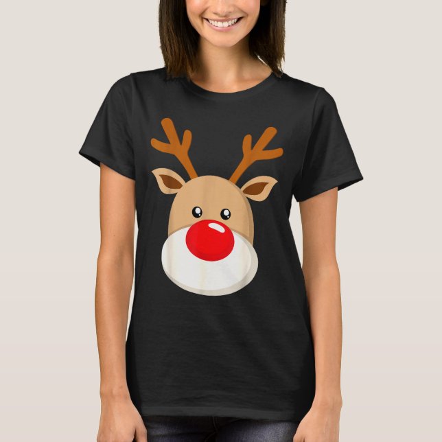 Cute Reindeer Rudolph Red Nose Christmas Antlers  T-Shirt (Front)