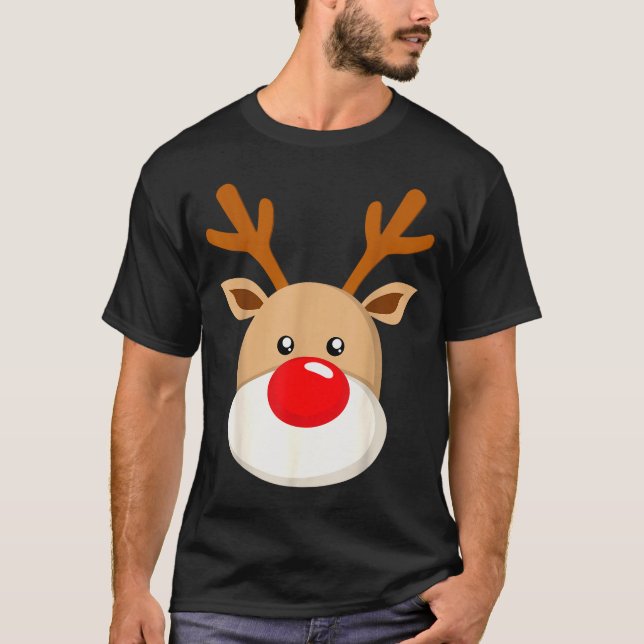 Cute Reindeer Rudolph Red Nose Christmas Antlers  T-Shirt (Front)