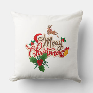 Cute Reindeer & Santa Hat Merry Christmas Cushion