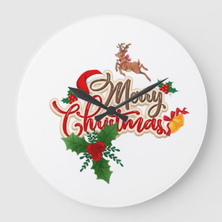 Cute Reindeer & Santa Hat Merry Christmas Large Clock
