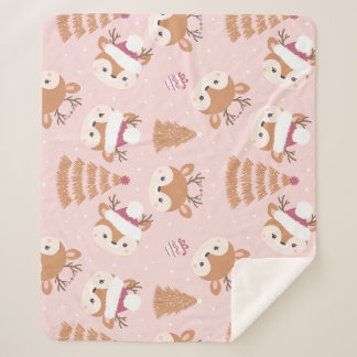 Cute Reindeer Santa Hat pattern Sherpa Blanket