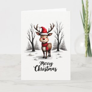 Cute Reindeer Santa Hat Red Scarf Merry Christmas Card