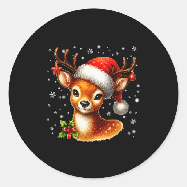 Cute Reindeer Santa Hat Rednose Christmas Xmas Wom Classic Round Sticker (Front)