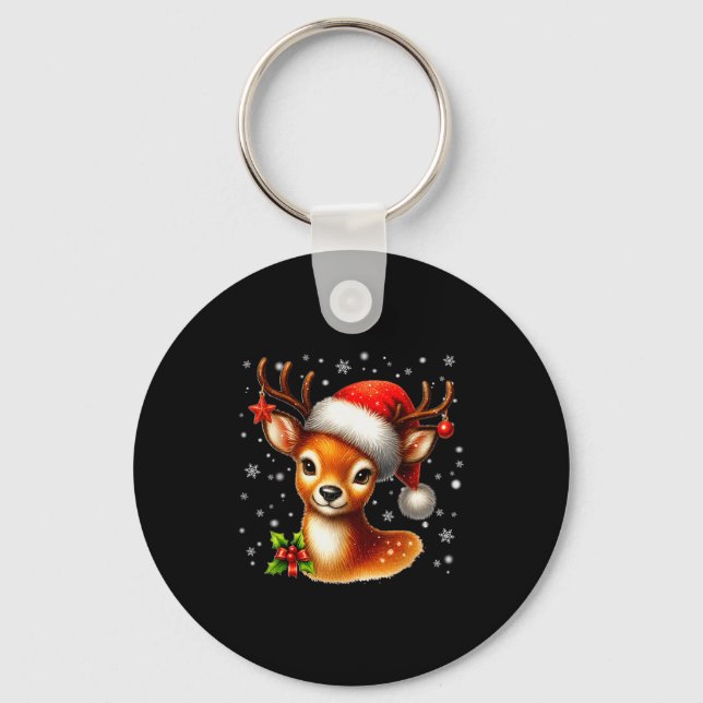 Cute Reindeer Santa Hat Rednose Christmas Xmas Wom Key Ring (Front)