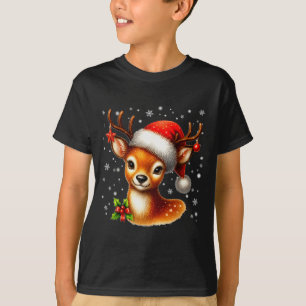 Cute Reindeer Santa Hat Rednose Christmas Xmas Wom T-Shirt