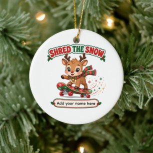 Cute Reindeer Shredding Snow Skateboard Ceramic Tree Decoration