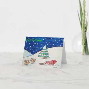 Cute reindeer snow scene with sleigh and tree holiday card