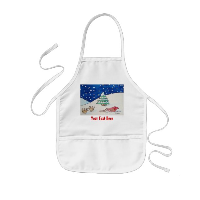 Cute reindeer snow scene with sleigh and tree kids apron (Front)