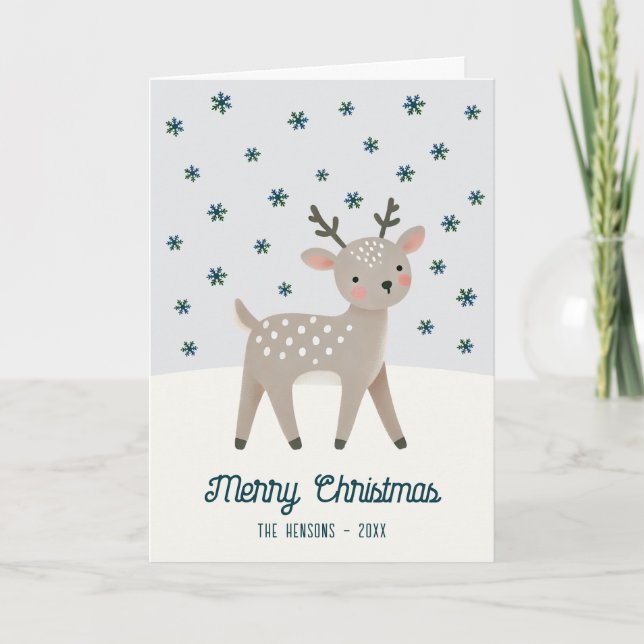 Cute Reindeer Snowflakes Drawing Christmas Holiday Card (Front)