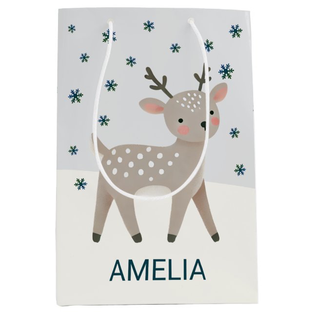 Cute Reindeer Snowflakes Drawing Christmas Name Medium Gift Bag (Front)