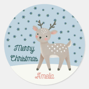 Cute Reindeer Snowflakes Drawing Name Christmas Classic Round Sticker