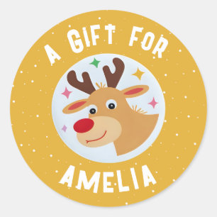 Cute Reindeer Snowflakes Kid`s Name Christmas  Classic Round Sticker