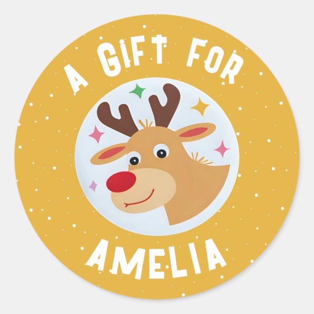 Cute Reindeer Snowflakes Kid`s Name Christmas  Classic Round Sticker (Front)