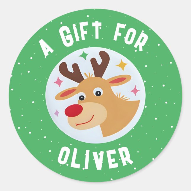 Cute Reindeer Snowflakes Kid`s Name Christmas  Classic Round Sticker (Front)