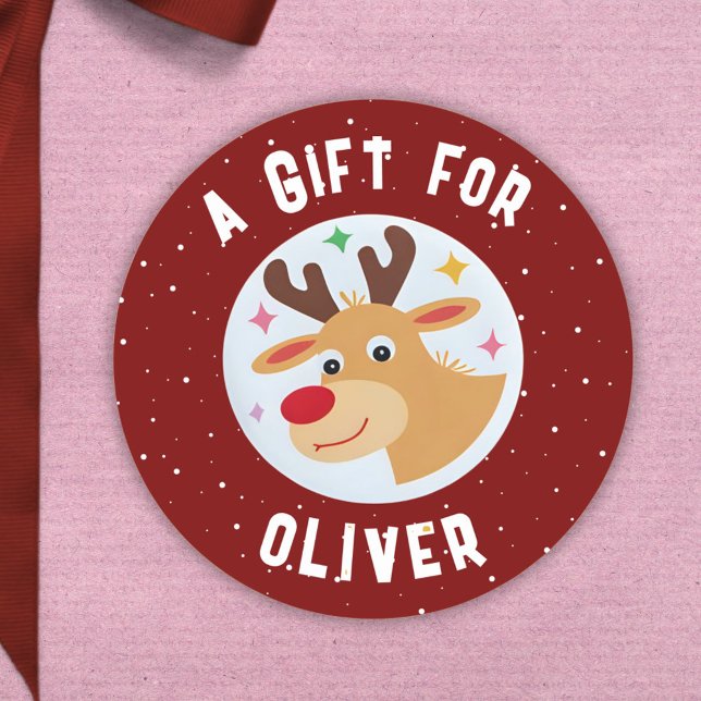 Cute Reindeer Snowflakes Kid`s Name Christmas  Classic Round Sticker (Creator Uploaded)