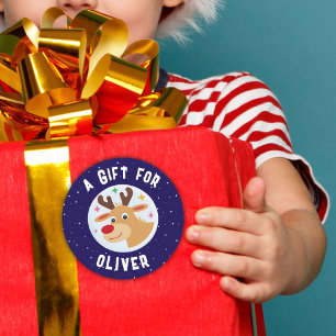 Cute Reindeer Snowflakes Kid`s Name Christmas Classic Round Sticker