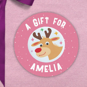 Cute Reindeer Snowflakes Kid`s Name Christmas Classic Round Sticker