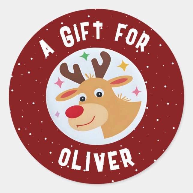 Cute Reindeer Snowflakes Kid`s Name Christmas  Classic Round Sticker (Front)