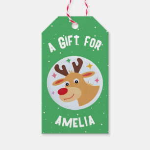 Cute Reindeer Snowflakes Kid`s Name Christmas Gift Tags