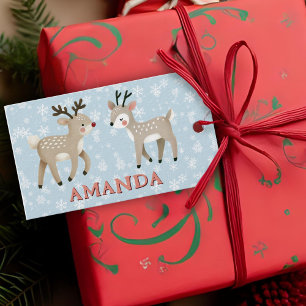 Cute Reindeer Snowflakes Kids Name Christmas Gift Tags