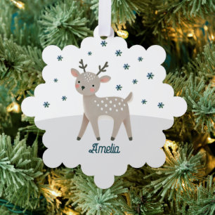 Cute Reindeer Snowflakes Name Christmas Tree Decoration Card