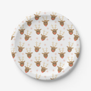 Cute Reindeer Snowflakes Pattern Orange Paper Plate