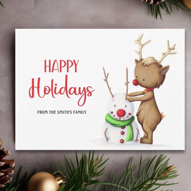 Cute Reindeer Snowman Happy Holidays Holiday Card (Creator Uploaded)