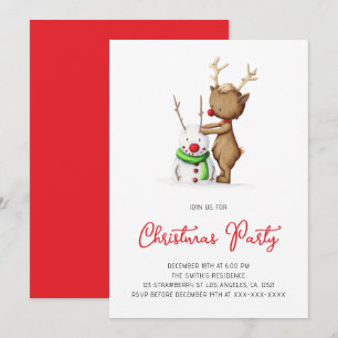 Cute Reindeer Snowman Holiday Christmas Party Invitation