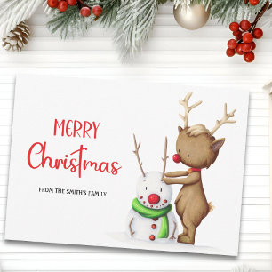 Cute Reindeer Snowman Merry Christmas Holiday Card