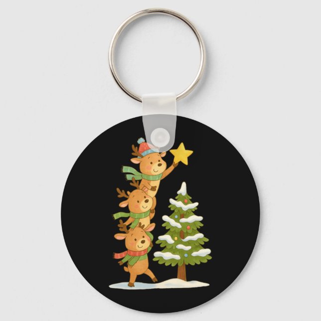 Cute Reindeer Stacking To Decorate Tree Christmas Key Ring (Front)