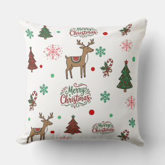 Cute Reindeer & Tree Merry Christmas Pattern Throw Cushion