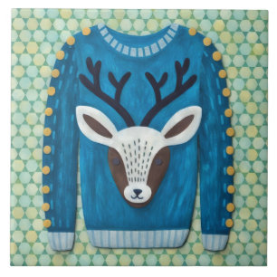 Cute Reindeer Ugly Sweater Holiday Art Tile