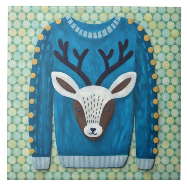 Cute Reindeer Ugly Sweater Holiday Art Tile (Front)